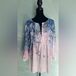 Floral Blue and Pink Half Button-Up Blouse
